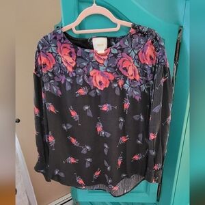Anthropologie Maeve Black Blouse with Red and Purple Floral Pattern Top